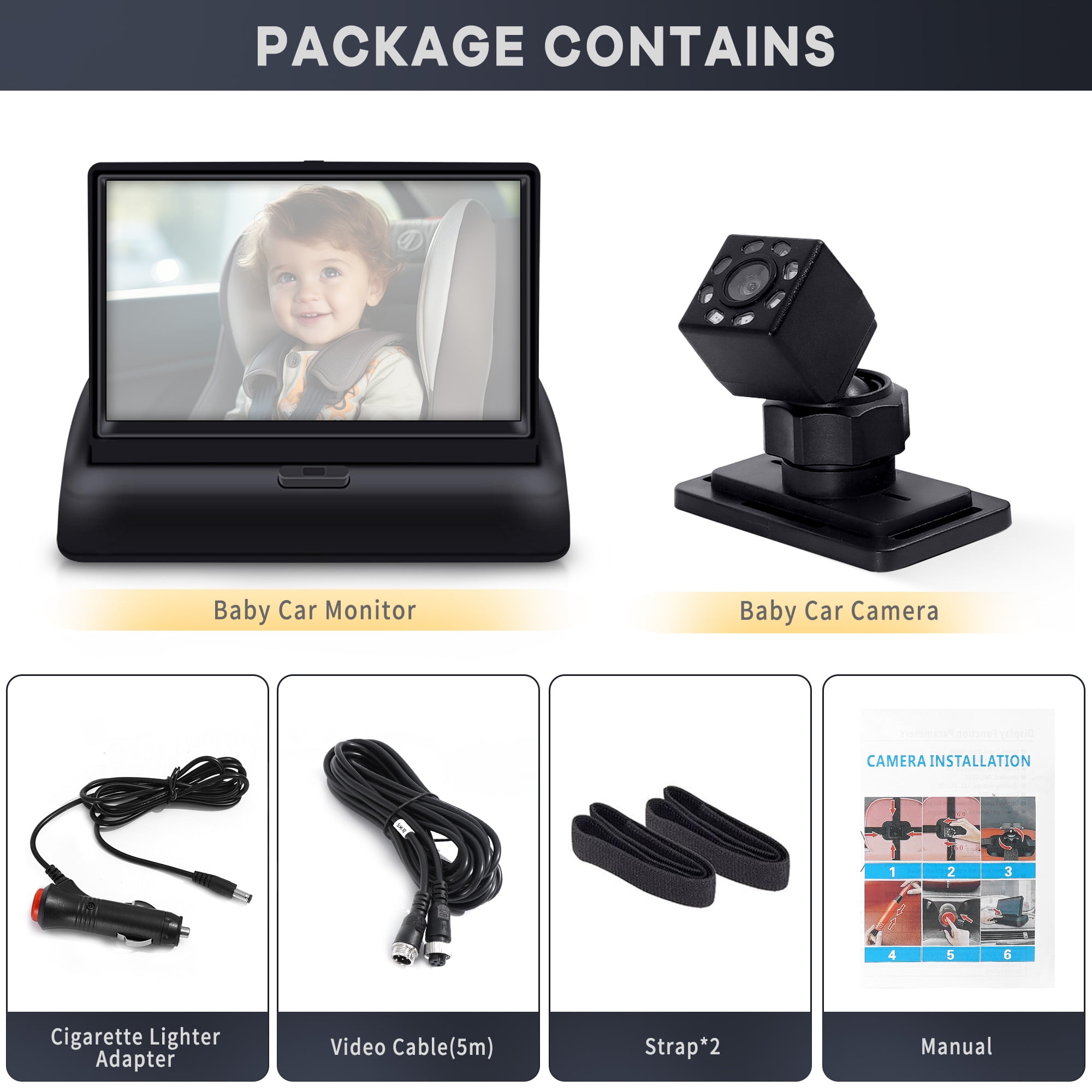 Baby Car Camera, HDJ 4.3'' HD Night Vision Function Car Mirror Display, 360° Adjustable Safety Car Seat Mirror Camera Monitored Mirror with Wide Clear View, Easily Observe Baby’s Move