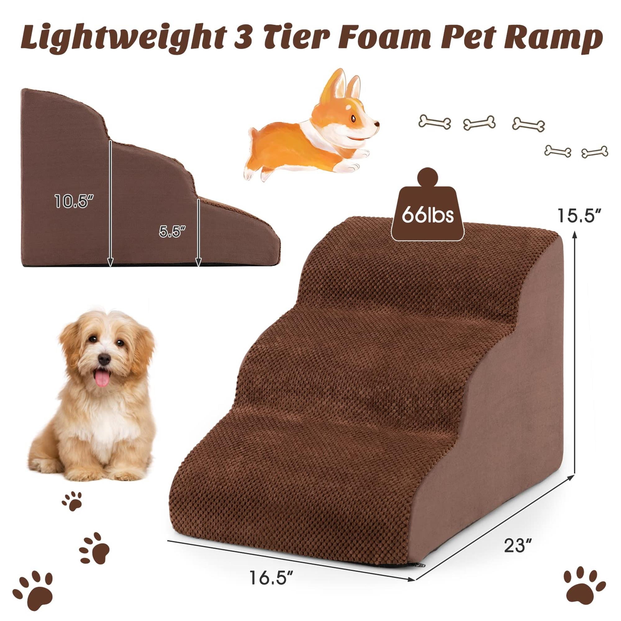 resenkos 23" Pet Stairs for Small Dogs, 3-Step Dog Ramp for Beds and Couch, Non-Slip Balanced Indoor Step, Brown