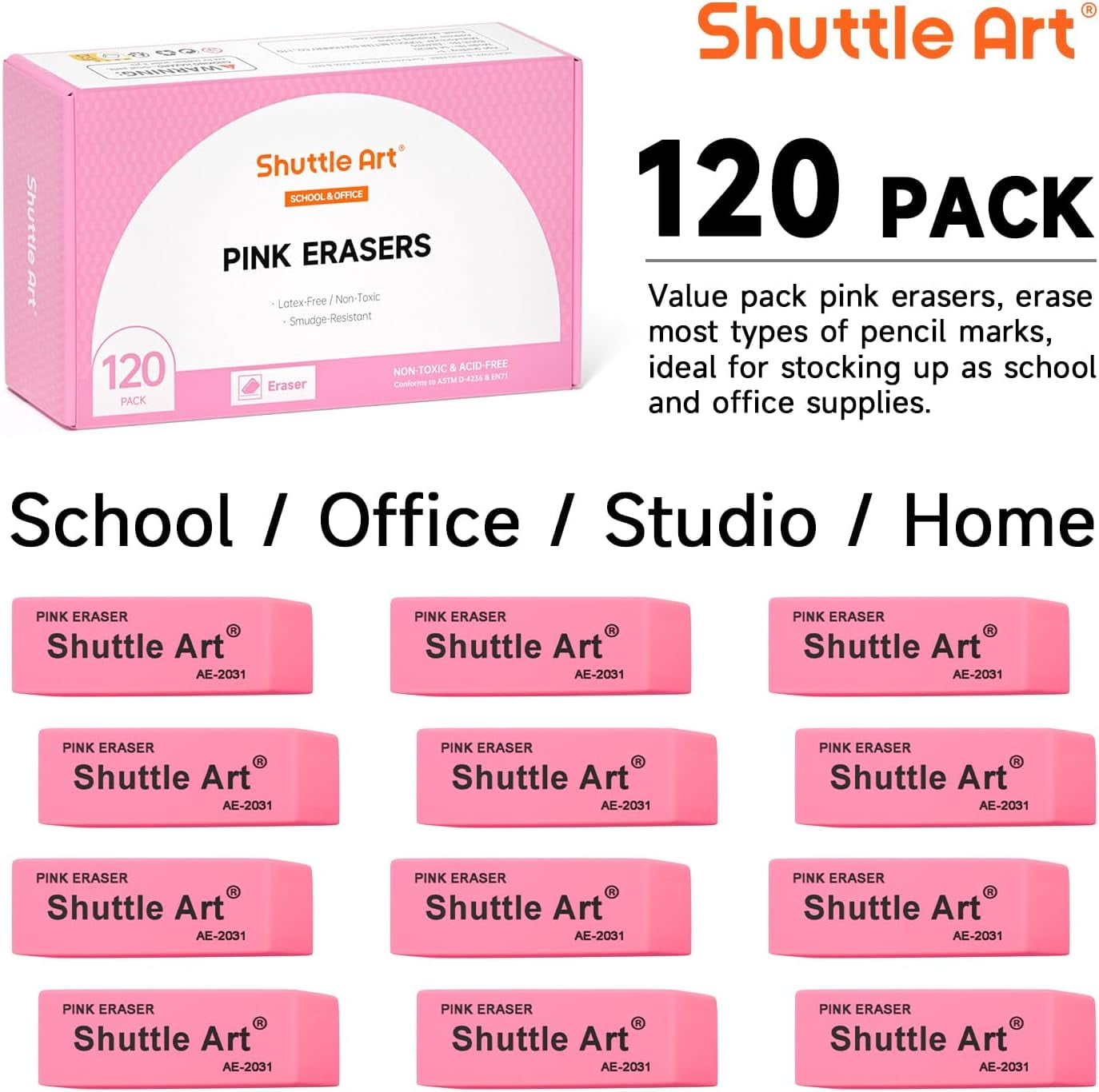 Pink Erasers, Shuttle Art 120 Pack Pink Erasers Bulk for Office, Latex-Free Soft Erasers as Office Supplies