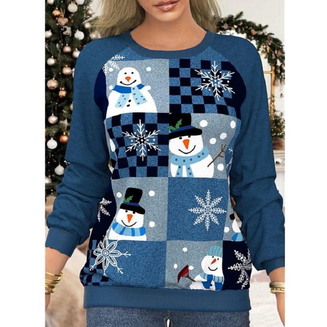 Jersey de Navidad para mujer, blusa suelta, sudaderas para mujer, camisetas de manga larga de Navidad (azul XL)