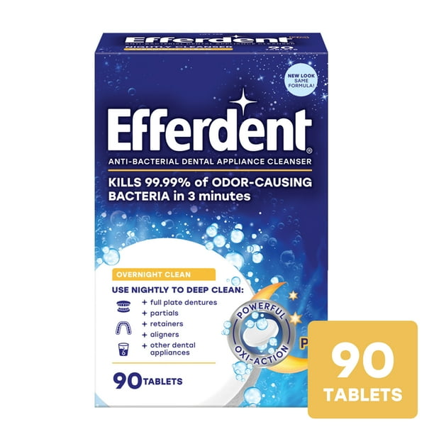 Efferdent Retainer & Denture Cleaner Tablets, Overnight Whitening, 90