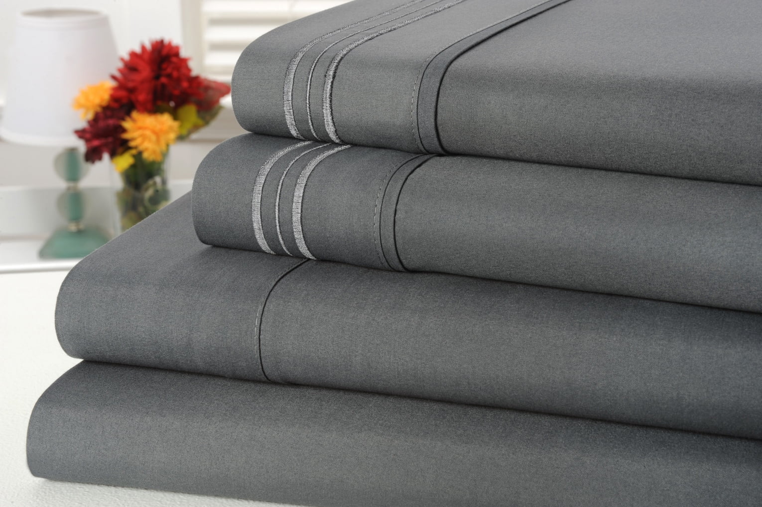 Rayon from Bamboo 4 Piece Luxury 3 Line Embroidered Sheet Set - 7 Colors - 3 Line - Grey - Full