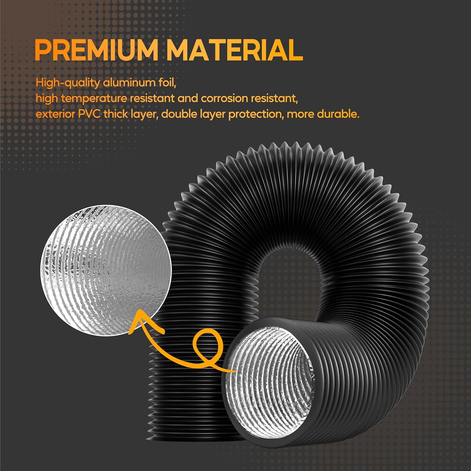 MKEUDQ-4 Inch 16 FT Heavy-Duty Flexible Aluminum Duct Multi-Layer Protective Dryer Vent Hose with 2 Clamps for HVAC Heating Cooling Ventilation, Exhaust Fan, Black