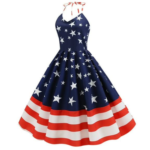 MIANHT Dresses for Women, Plus Size Dresses, Women Vintage Sleeveless Neck Flag Printed Evening Party Prom Dress