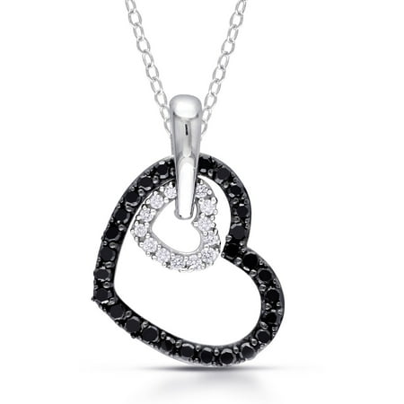 1/3 Carat T.W. Black and White Diamond Sterling Silver Double-Heart Open Pendant, 18