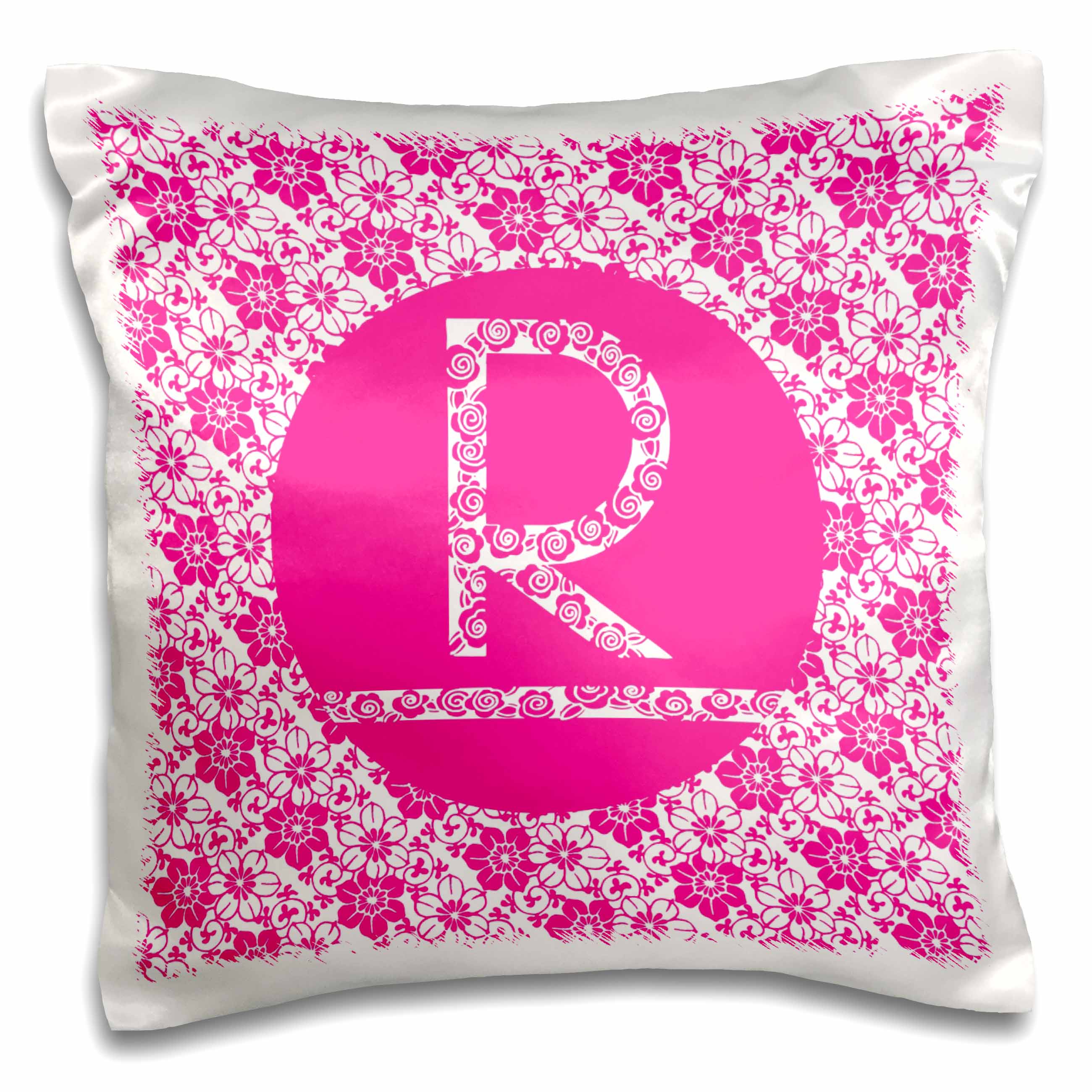 3dRose Hoy Pink Girly Floral Monogram Letter R Pillow Case, 16 by 16inch