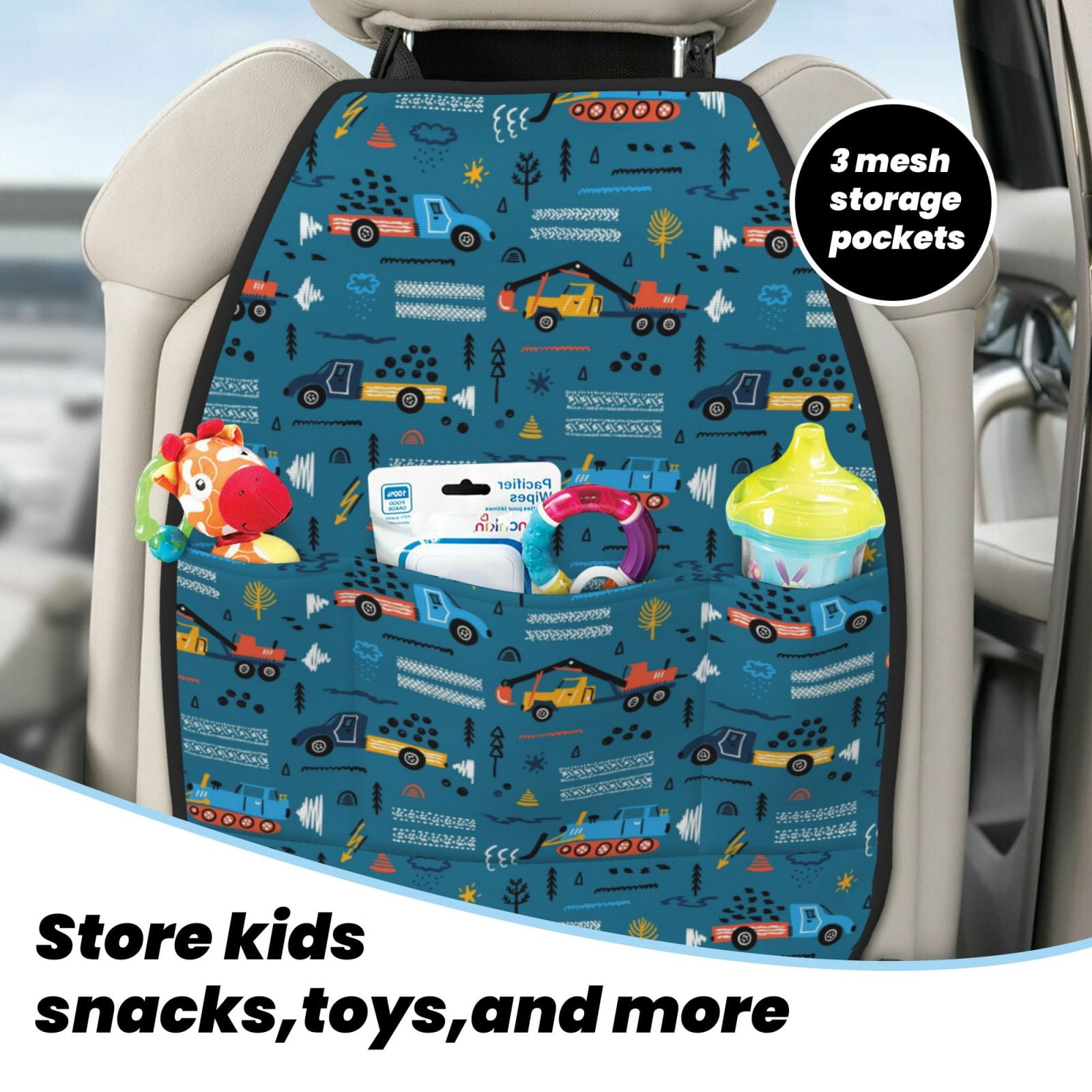 Xecao Construction Trucks Pattern Car Seat Back Protector 2 Pack Large Capacity Pocket, Kick Mats Back Seat Protector