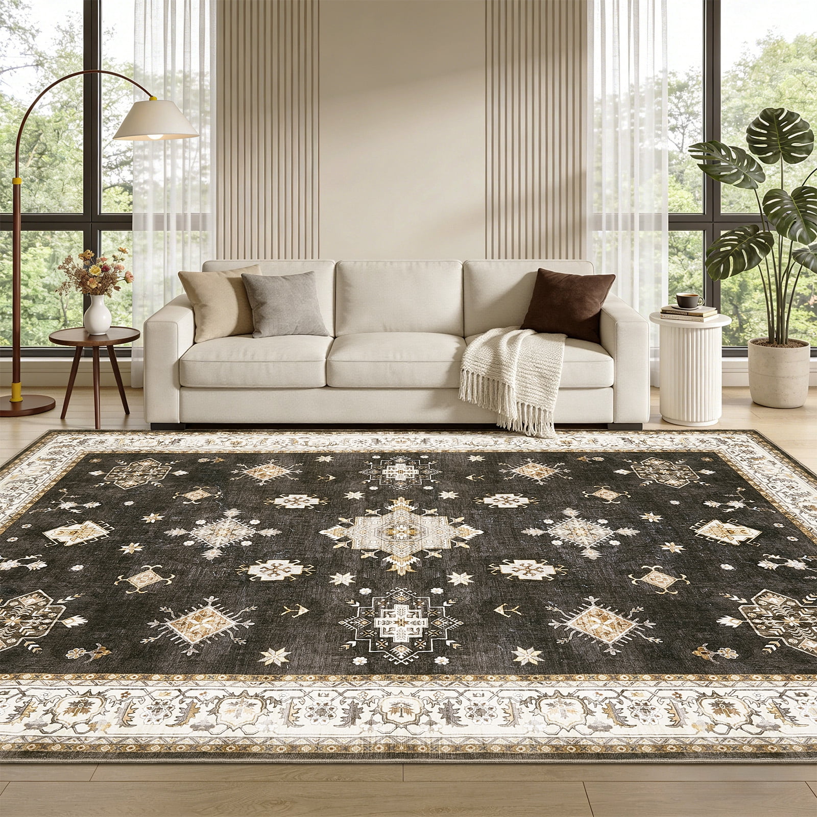 Brown 8x10 Living Room Area Rug,Washable Vintage Carpet Non Slip Indoor Rug, Retro Traditional Accent Throw Low Pile Large Rug for Farmhouse, Office, Bedroom, Dining Room.