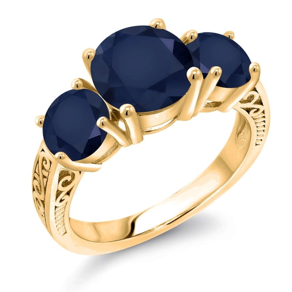 Gem Stone King 18K Yellow Gold Plated Silver Blue Sapphire Engagement Ring for Women | 4.66 Cttw | Round 8MM | Gemstone September Birthstone | Size 6