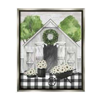 Stupell Industries Plaid Barn with Floral Wagon Botanical & Floral Painting Gray Floater Framed Canvas Art Print Wall Art, 17 x 21