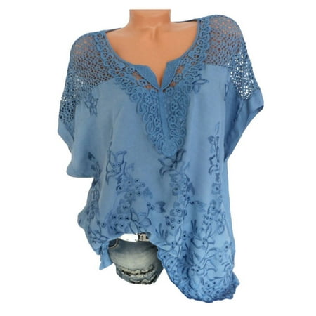 - Womens Boho V Neck Lace Embroidered Floral Summer Beach T Shirt Tops Blouse Tee