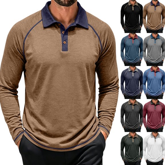 Mens Long Sleeve Polo Shirts Fashion Casual Raglan Button Polo Tee Collared Golf Shirt Khaki L
