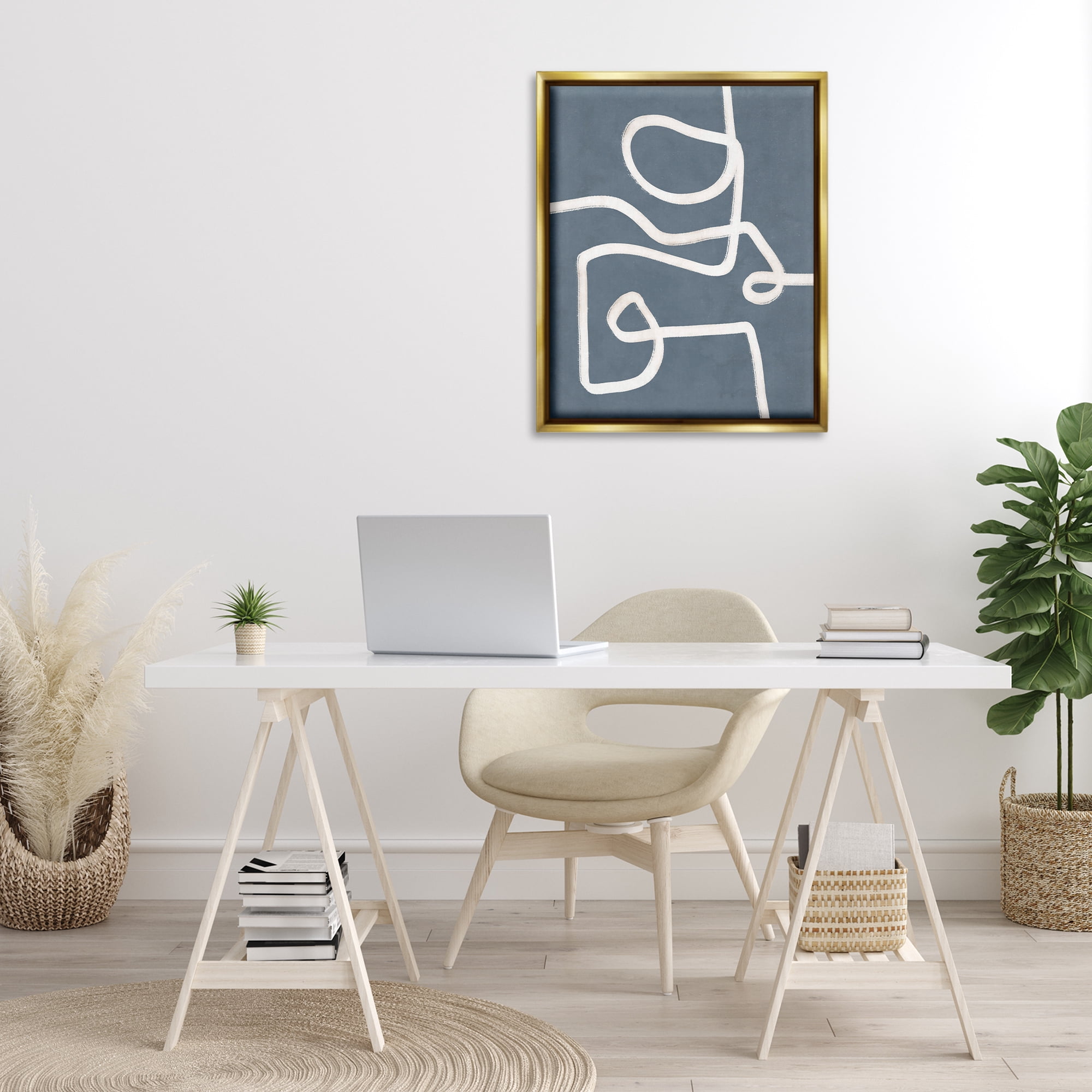 Stupell Industries Free Line on Blue Abstract Painting Gold Floater Framed Canvas Art Print Wall Art, 25 x 31