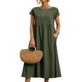 thumbnail image 3 of Womens Cotton Linen Short Sleeve Casual Loose Crew Neck Beach Dress with Pockets, 3 of 5