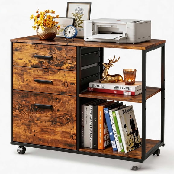 Ktaxon Rolling File Cabinet Under Desk Printer Stand with Shelves Adjustable, Mobile Lateral Filing Cabinet for Home Office, Fits Letter for Home Office, Brown