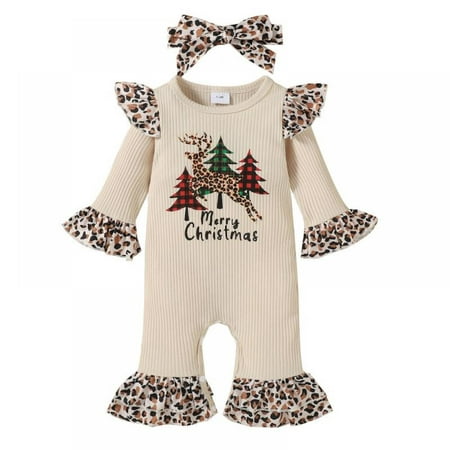 

0-18M Christmas Outfits Leopard Jumpsuit One-piece Winter Umpsuit with Headband My 1st Christmas Long Sleeve Romper