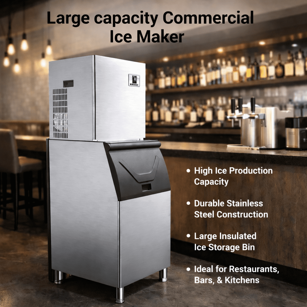 NSF 460lbs Commercial Ice Maker, Large Storage Ice Machine in Stainless Steel, Free Standing Ice Machine