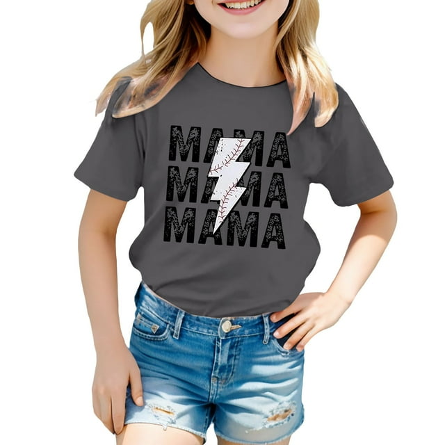 NINGMENG Hauts et T-Shirts pour Filles, Été, Fête des Mères, Imprimé Lettre, Col Rond, Manches Courtes, Ample, Décontracté, Gris, 8-9 Ans