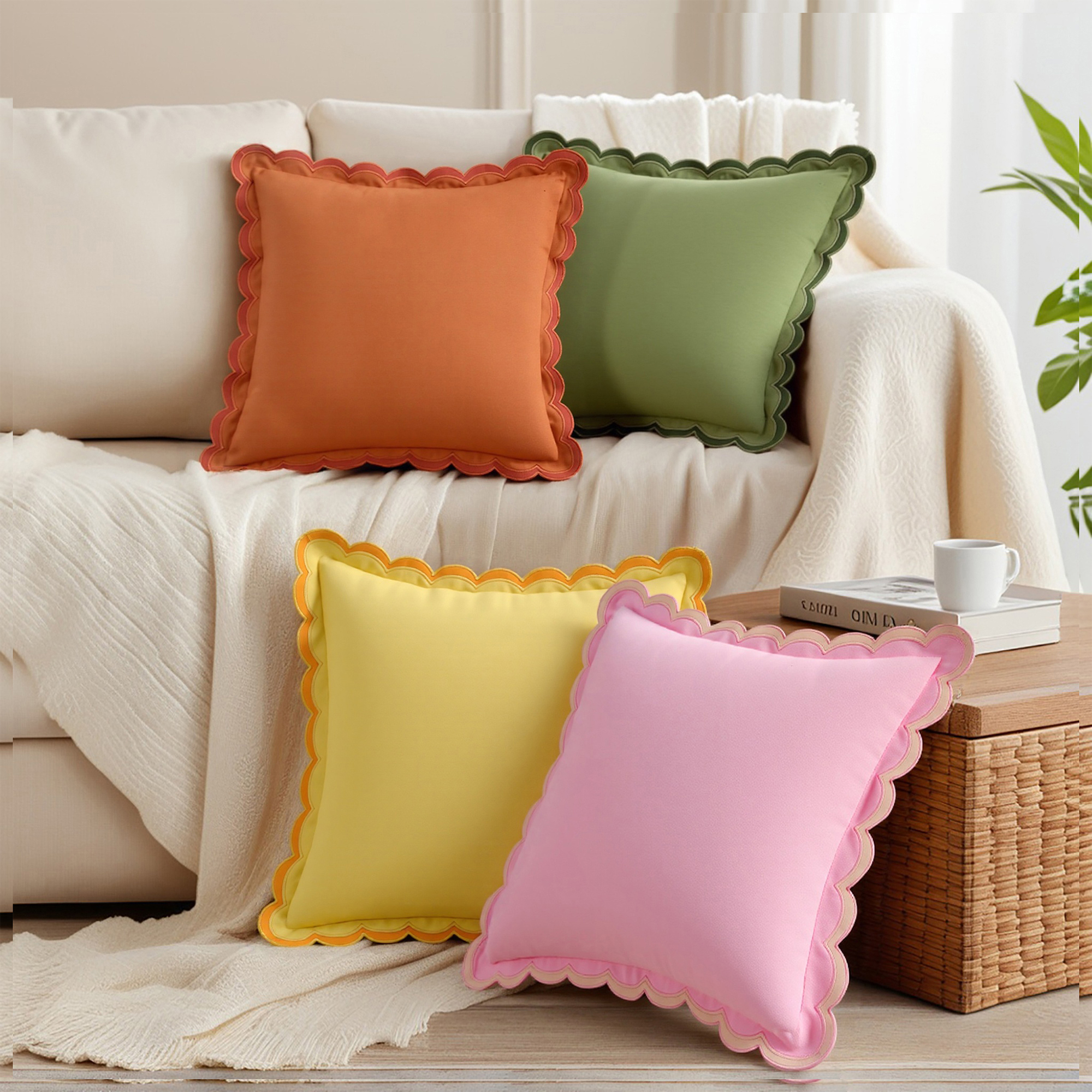 REGALWOVEN Cotton Throw Pillow Covers Cushion Cases, Scalloped Wavy Edge Designs, Match for Home Decor, Pack of 1 Green 18" x 18"