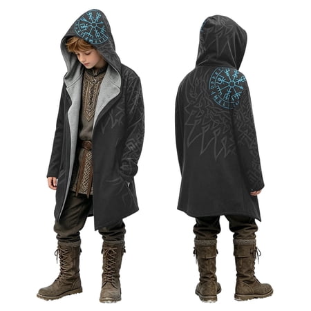 Kiijoy Boys Jacket Vintage Fantasy Long Hooded Coat Outerwear Grey 14-15 Years