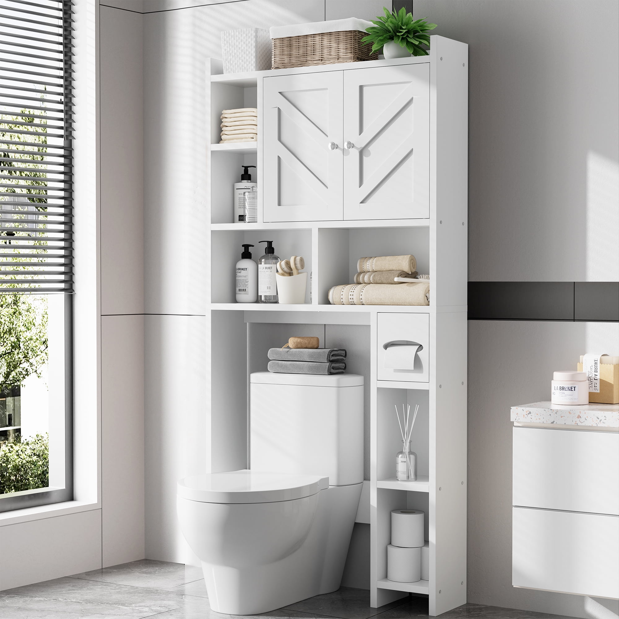 Walsunny Over the Toilet Storage Cabinets with Doors Side Shelves Toilet Paper Holder Stand Organizer Shelf Rack Space Saver above behind Toilet Freestanding for Bathroom Restroom Laundry White