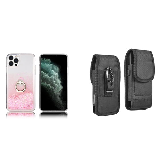 Waterfall Liquid Glitter Stand Case and Belt Holster Pouch for iPhone 14 Pro - Pink