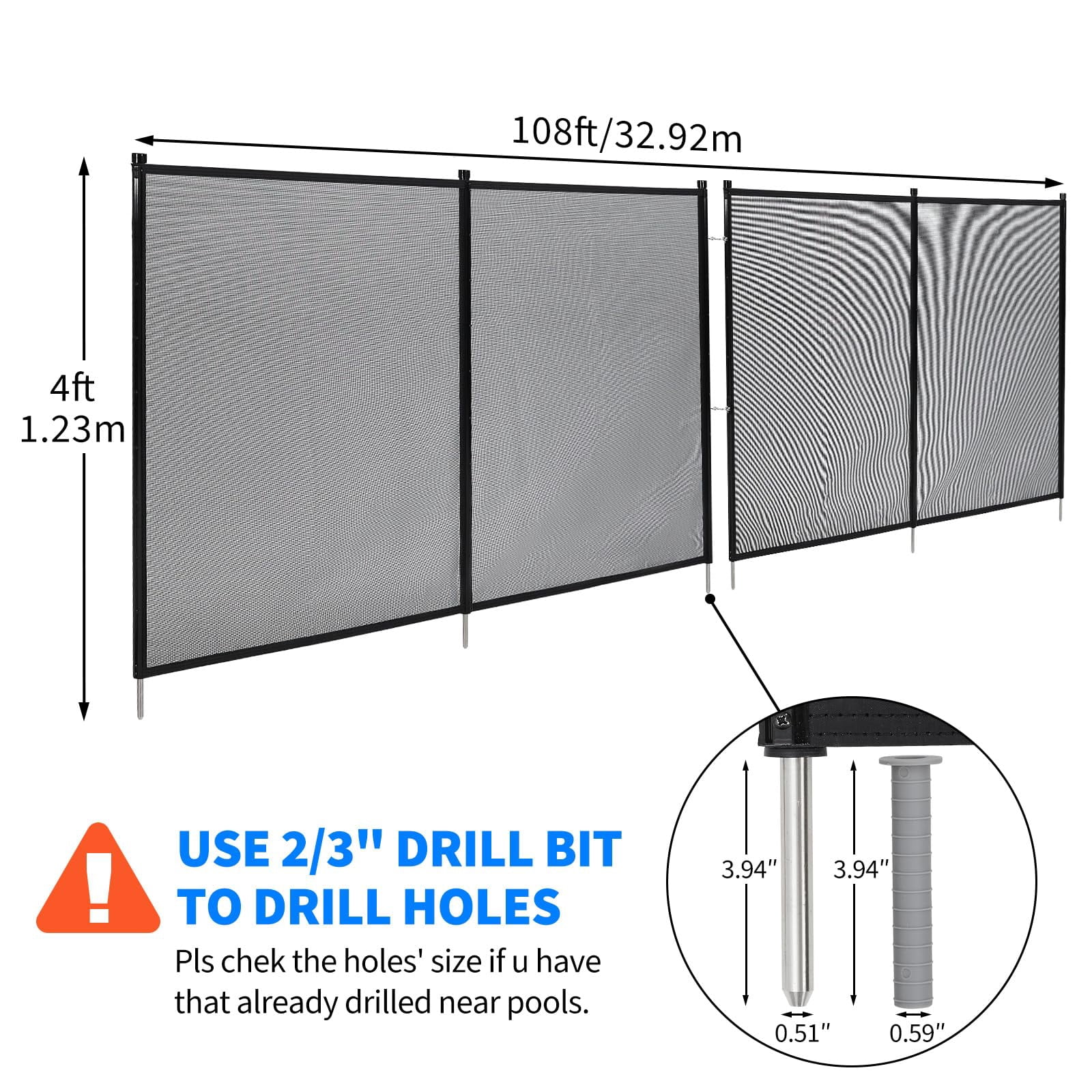 Pool Fence 4Ft x 108Ft, 320GSM Mesh with Stainless Steel Frame for Inground/Above Ground Pools, Swimming Pool Fence for Backyard Garden Pool Safety