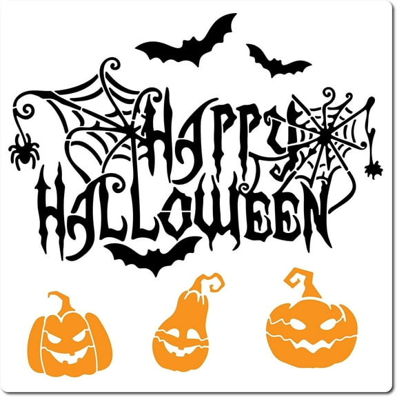 DIY Large Happy Halloween Stencils 12x12 Inch Reusable Bats Stencil Spider Web Template Signs Pumpkin Decoration for Painting on Wood Wall Scrapbook Card Floor Canvas and Tile Drawing DIY
