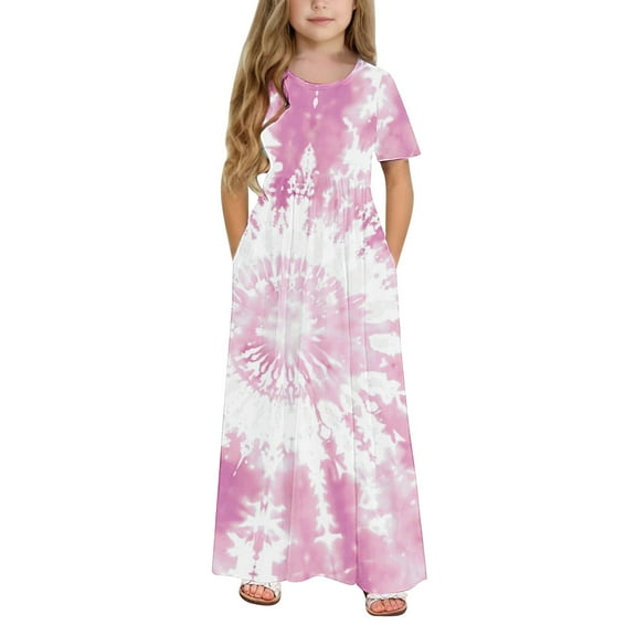 ATOGUTA Girls School Dresses Short Sleeve Floral Print Loose Casual Long Maxi Dress with Pockets Pink, Size 4-14 Years