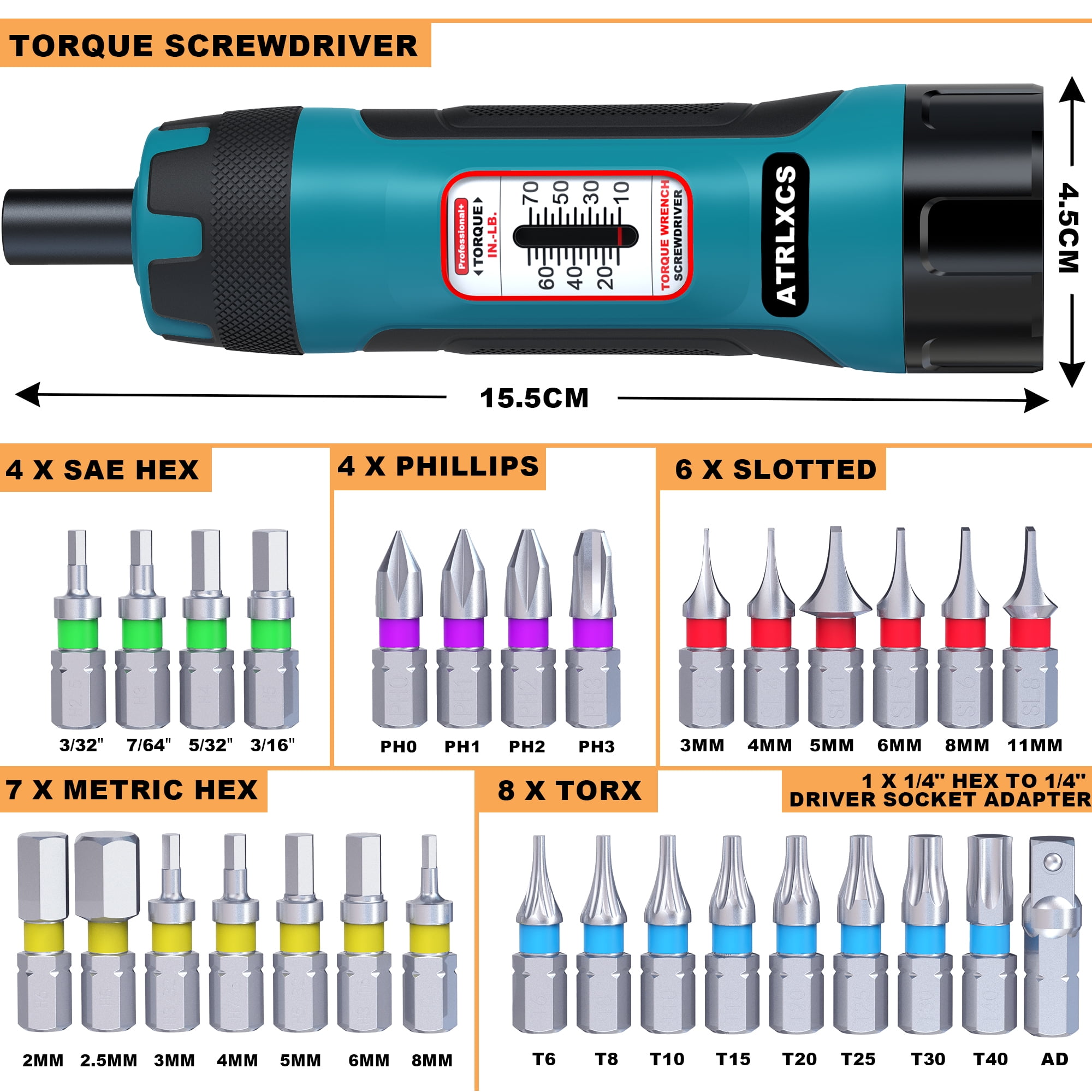 Atrlxcs Ust1016, 1/4" Drive Torque Screwdriver Socket Wrench & Set, 31 Pieces