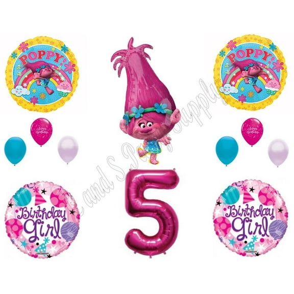 POPPY TROLLS 5th Birthday Girl Happy Party Balloons Decoration Supplies Movie