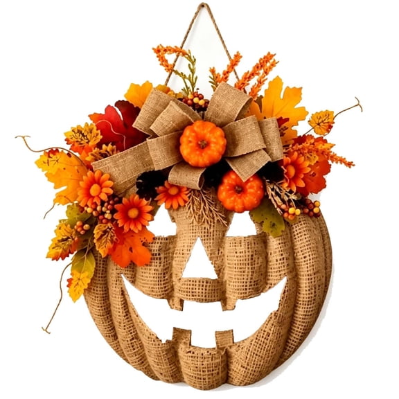Lighted Burlap Pumpkin Wreath with , Farmhouse Front Door Decor, LED Autumn Halloween Thanksgiving Wreath for Porch Wall Home Decoration