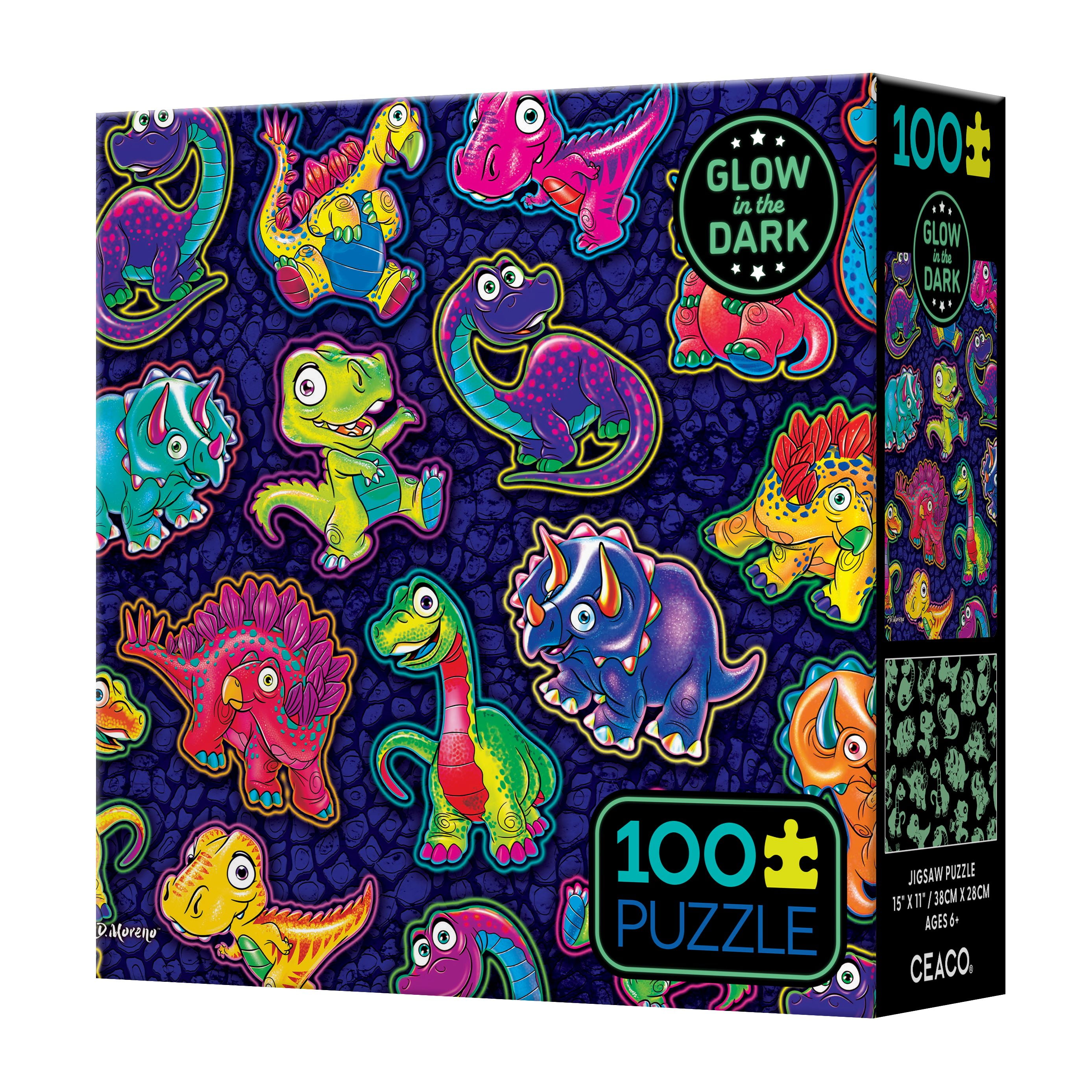 Ceaco Kids Deluxe 100 Piece Dinosaur Sticker Collage Glow (PD Moreno) Interlocking Jigsaw Puzzle