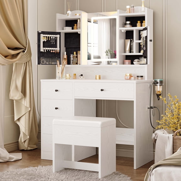 IRONCK Makeup Vanity Desk Set with Mirror and Lights, Dresser Table with Charging Station and 5 Drawers, White