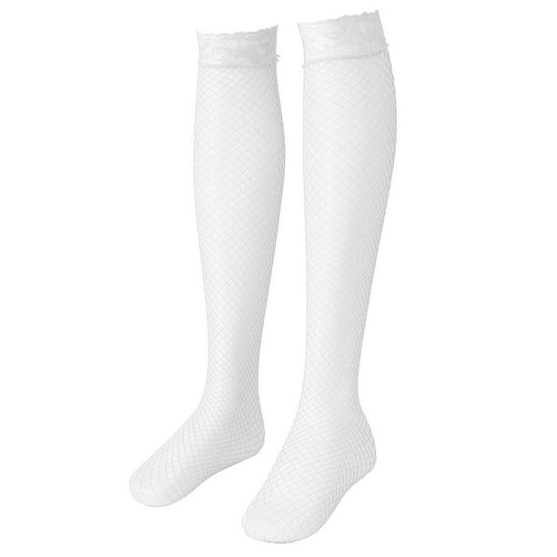 Medias de Sujeción para Mujer con Top Ancho de Encaje, Muslos de Rejilla, Medias Altas Blanco