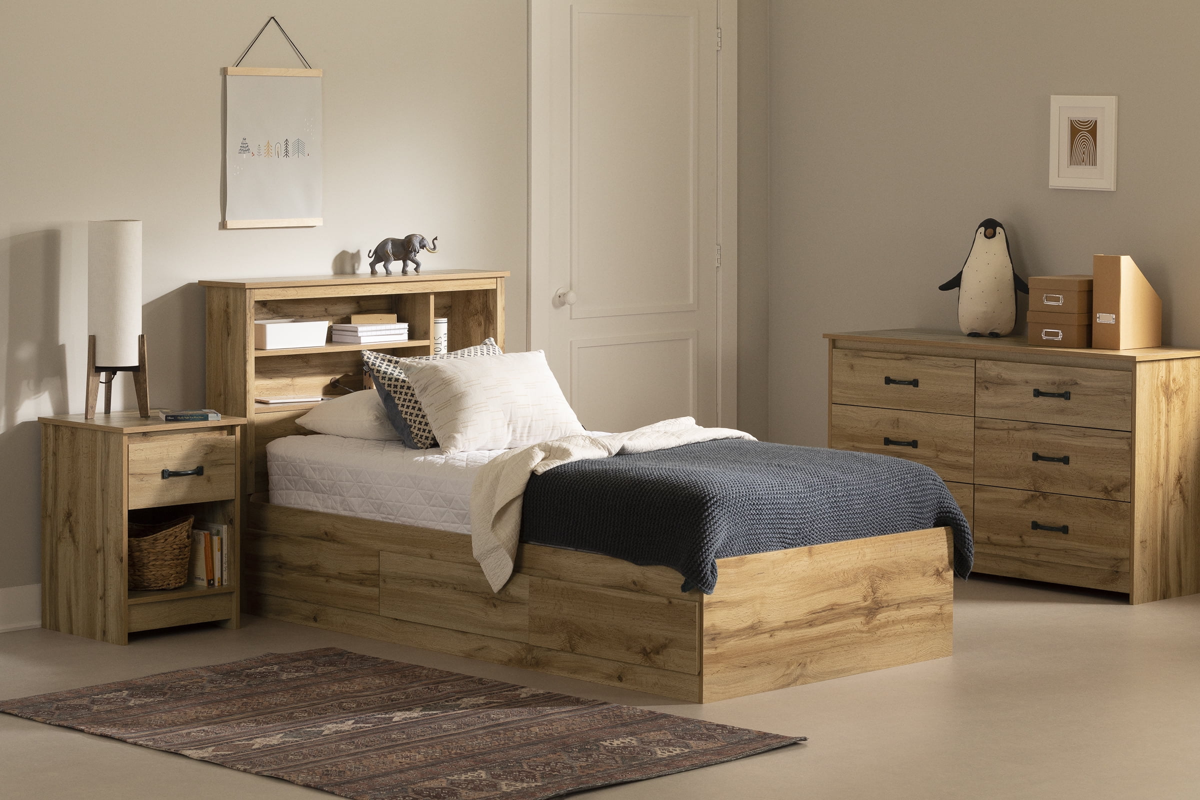 South Shore Tassio Twin Bookcase Headboard, in Nordik Oak