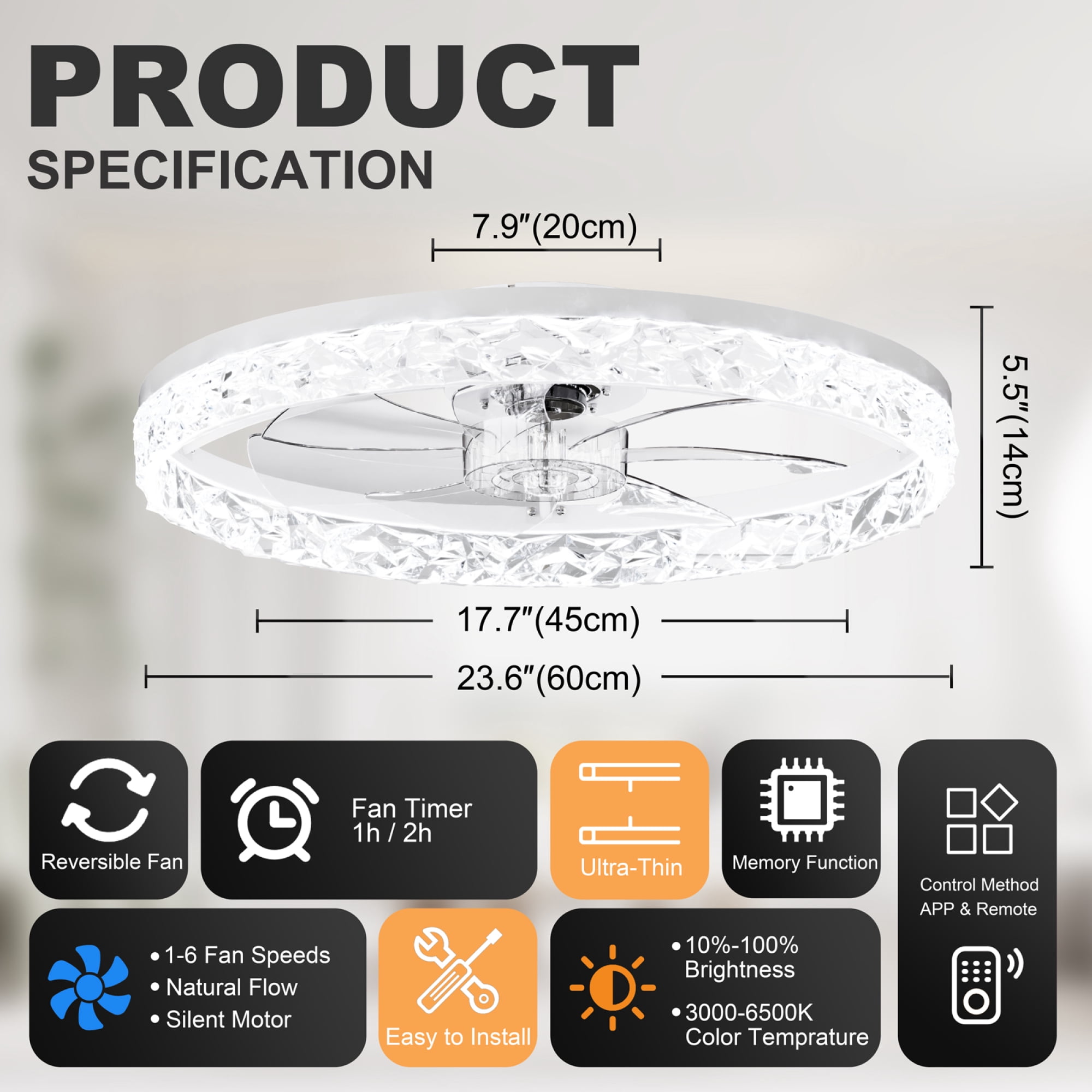 Leumius 23.6" Ceiling Fans with Lights Remote and APP Control, Dimmable 3-Color and 6-Speed quiet DC Motor, Ceiling Fan for Living Room Bedroom White