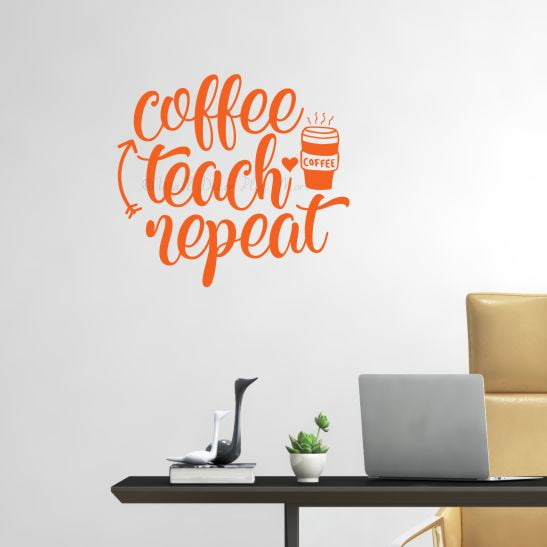 Coffee Teach Repeat Teacher Wall Quote Gift School Art Vinyl Sticker Decal 15x14-Inch Orange