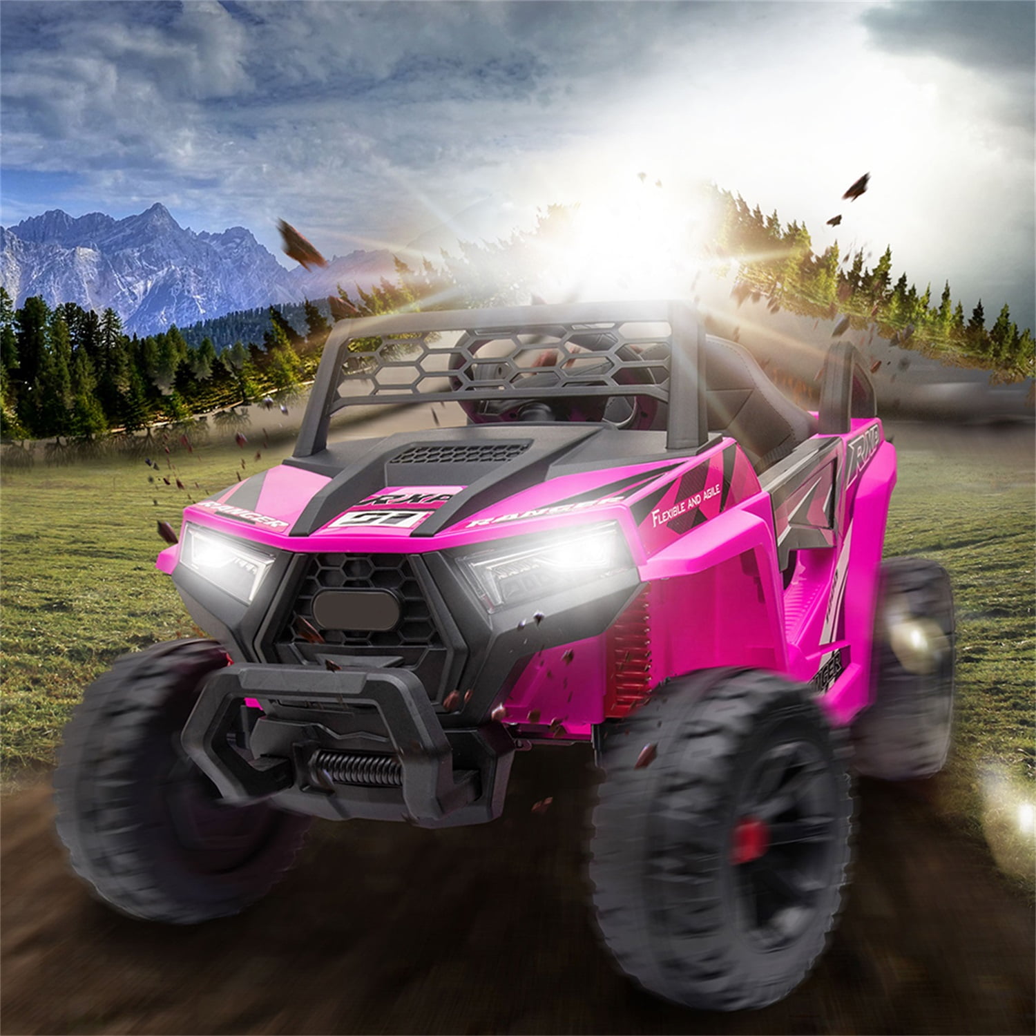 CIPACHO 12V Powered Ride-On UTV, Electric Kids Car with Front LED Lights and Horn, Foot Pedal, Music, LED, Pink