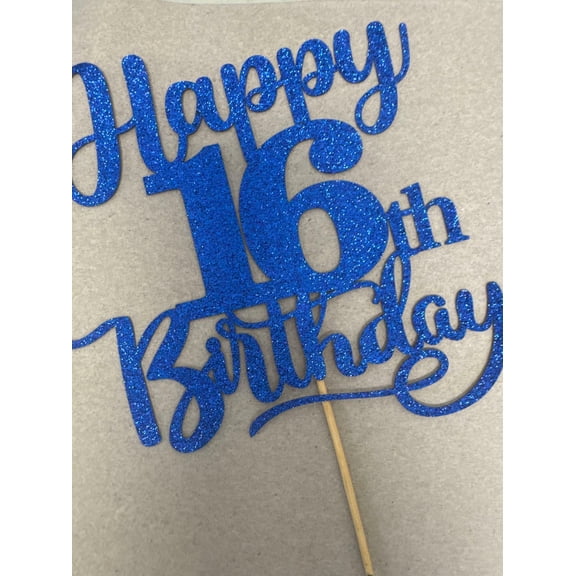 Sleyberoy Happy 16th Birthday Cake Topper Glitter Deep Blue 1 PCS