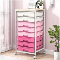Rolling Storage Cart with 8 Drawers and Wooden Tabletop, Utility Cart for Living Room, Classroom, Bedroom, Bathroom, Dorm, Office, Rose Pink
