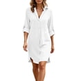 thumbnail image 4 of Fwqbns Women's Linen Casual Tunic Shirt Dress V Neck 3/4 Sleeve Loose Fit Beach Mini Dress Summer Vacation Outfit White, 4 of 9
