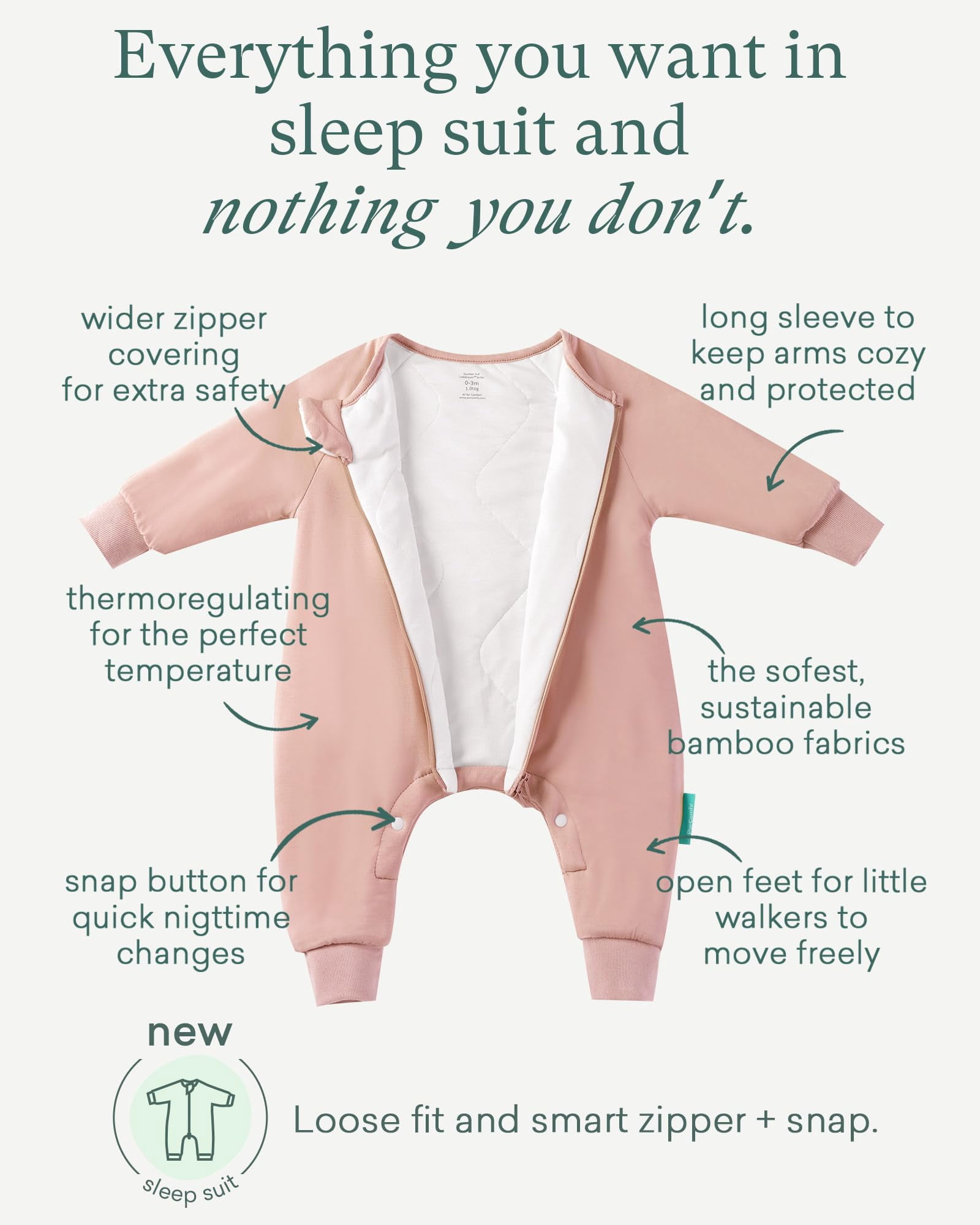 PurComfy Supersoft Baby Safe Sleep Sleepsuit, Zipper + Snap for Easy Diaper Changes 3-6 Months, Blush