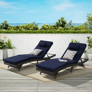 PAPROOS Outdoor Chaise Lounge Chair Set of 2, Wicker Outdoor Lounger Recliner with Cushions and 5-Level Adjustment Backrest, Modern Patio Lounge Chair for Poolside, Garden, Dark Blue
