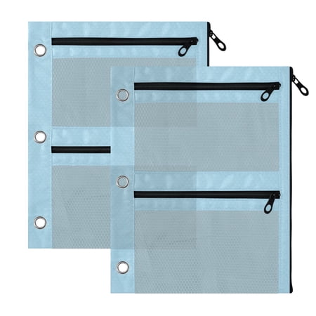 2 Pack 3-Ring Binder Pencil Pouch with Clear PVC Windows Light Blue Solid Color Background Large Capacity Stationery Bag for Classroom Office Supplies