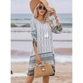 thumbnail image 2 of Women Casual Beach Summer Boho Tassel Tie Neck 3/4 Long Sleeve Short Floral Print Cover Up Sundresses White XL, 2 of 6