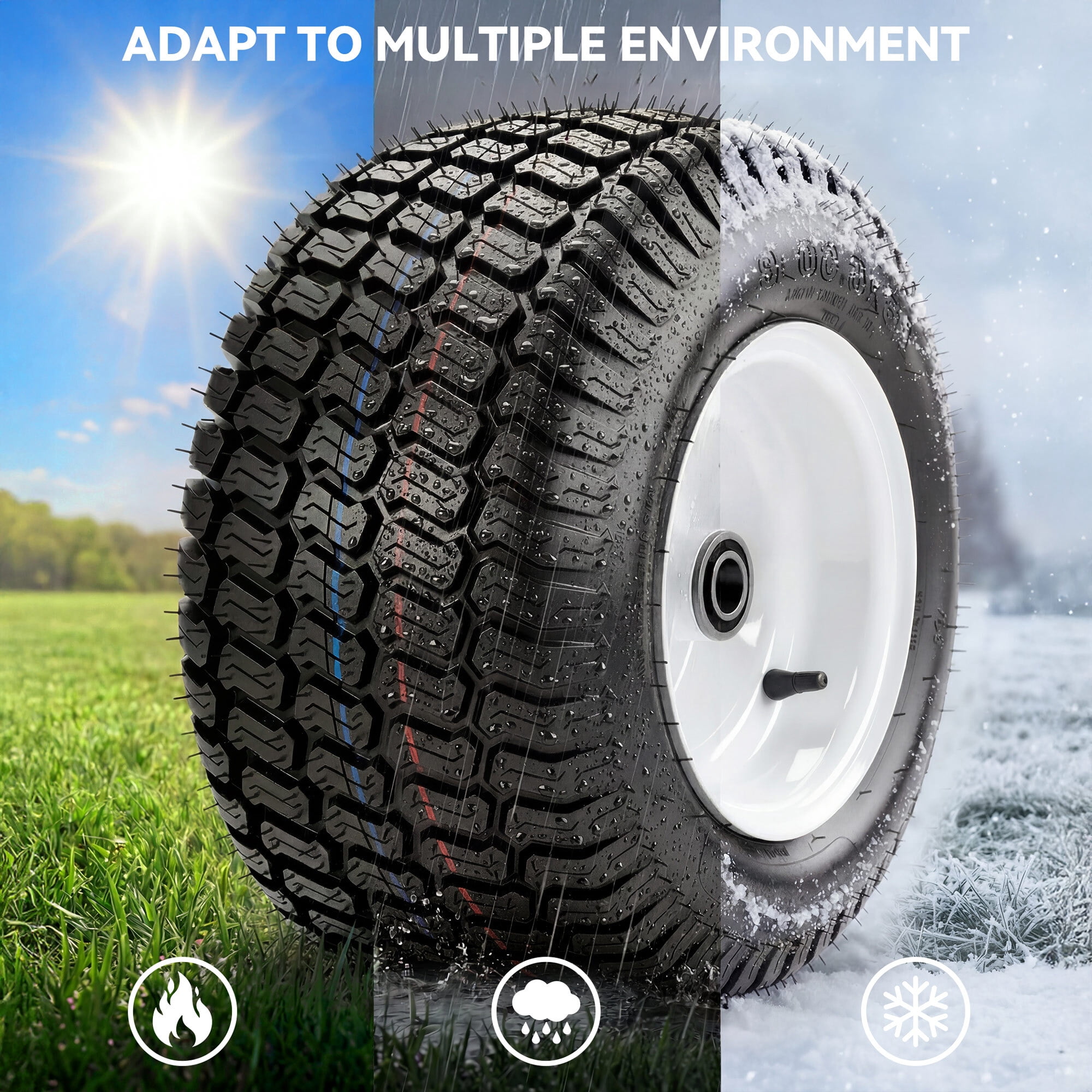 Uforic 16x6.50-8 Flat-Free Lawn Mower Tire and Wheel Assembly, 4-Ply Tubeless Front Replacement Tire, 3 in Centered Hub, 3/4 in Bushings, 620 lb Capacity, 2-Pack