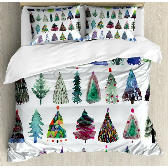 Ambesonne Watercolor Christmas Fir Trees Bedding Set, 3-Piece, King Size