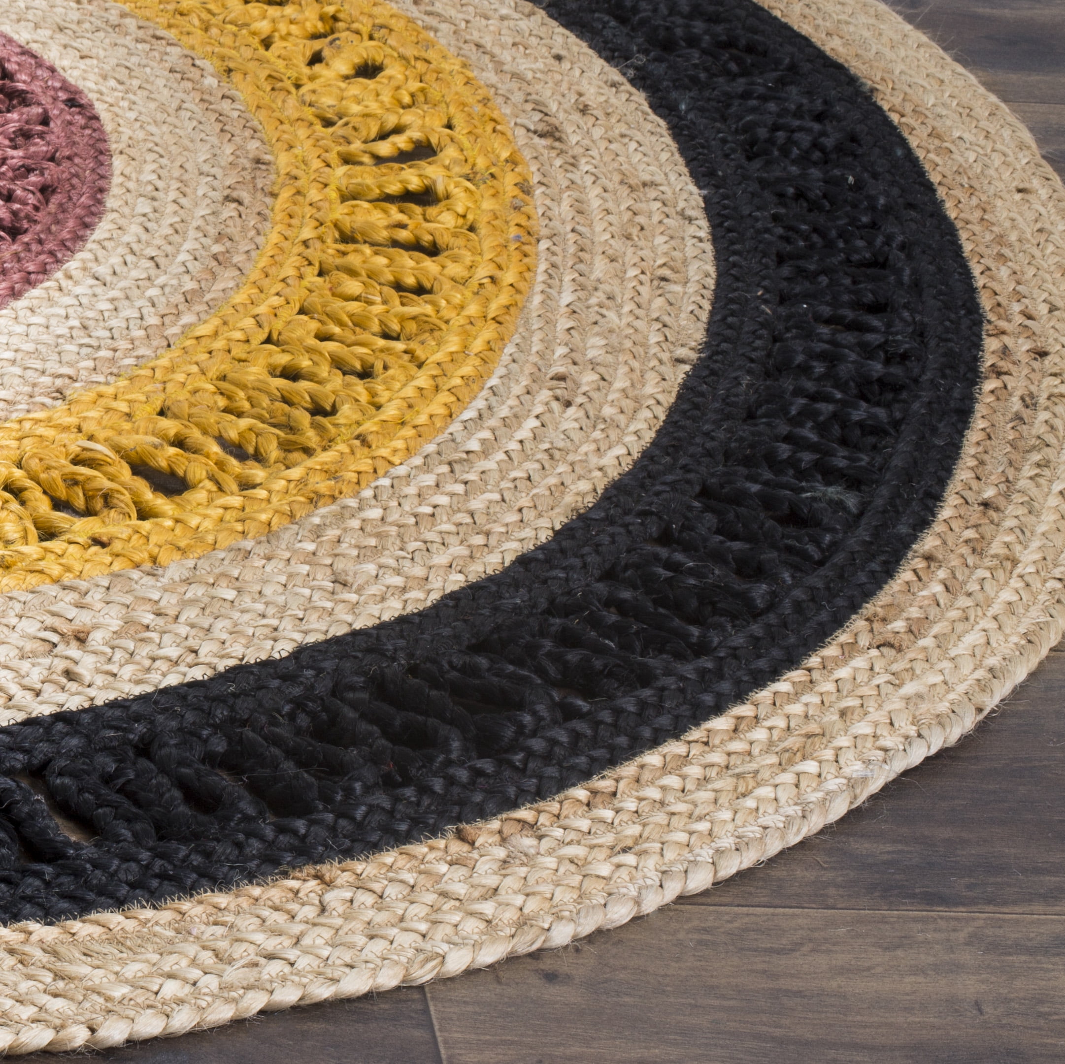 SAFAVIEH Natural Fiber Della Geometric Braided Jute Area Rug, Black/Natural, 6' x 6' Round
