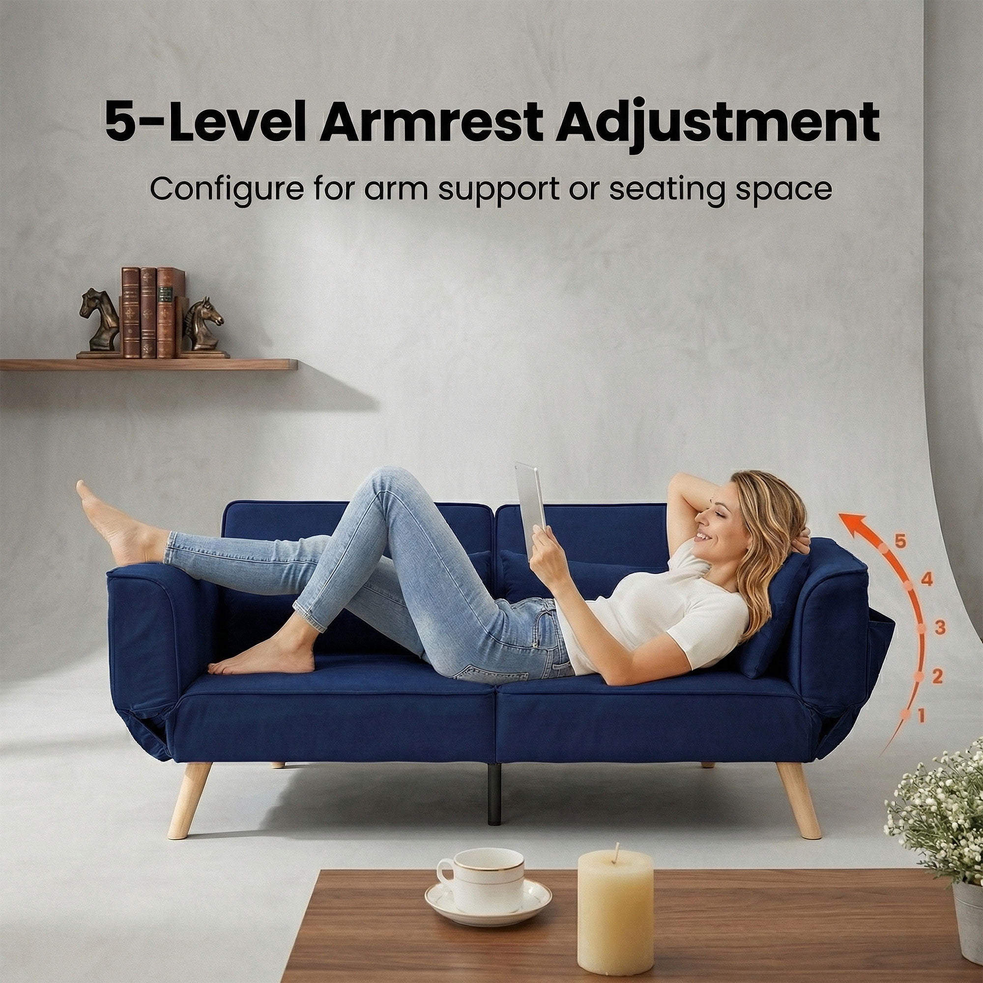 CARZZI LIFE Futon Sofa Bed, Sleeper Sofa, Small Velvet Couch with 5 Adjustable Armrests 3 Splitback Settings 600 LBS Capacity Easy Assembly for Living Rooms Apartments Guest Rooms, Navy Blue